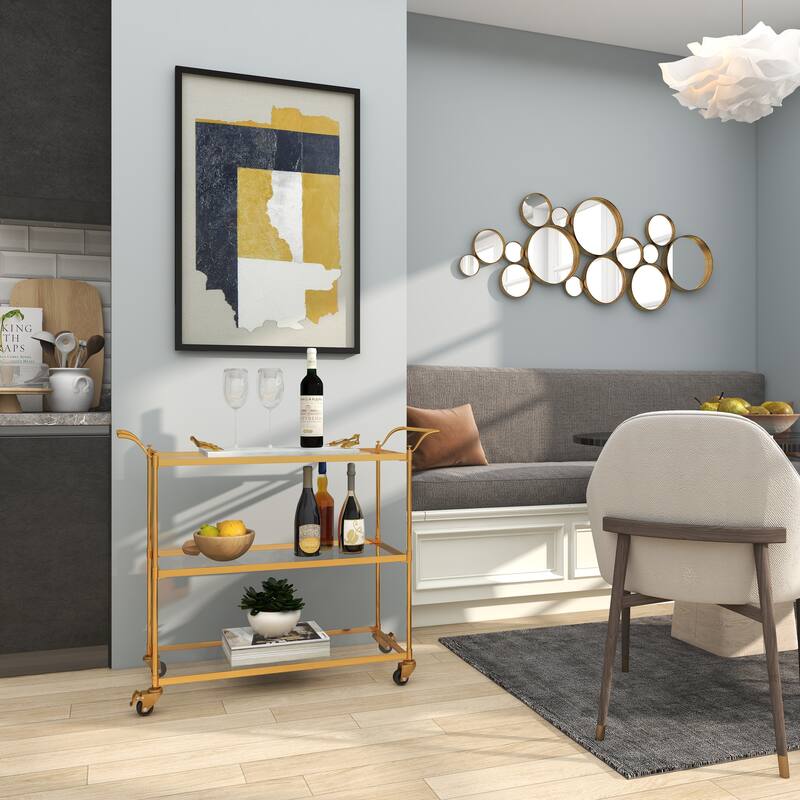 Brass Metal Rolling 3 Glass Shelves Bar Cart with Lockable Wheels