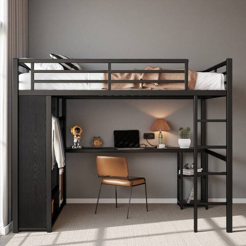 Workstation Metal Loft Bed with Built-in Desk, Stairs, Shelving & Wardrobe Space - Queen Black - Queen