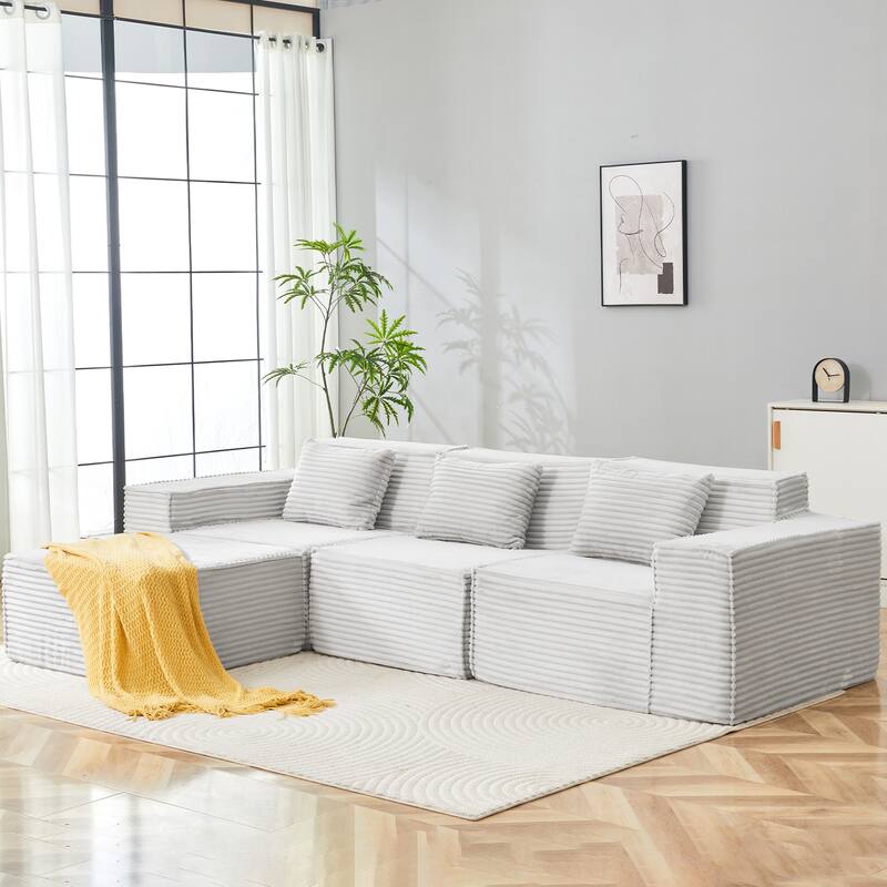 L-Shaped Modular Sectional Sofa with Ottoman, Striped Corduroy Deep Seat Cloud Couch, Compressed 3-Seat Sofa for Home, Apartment
