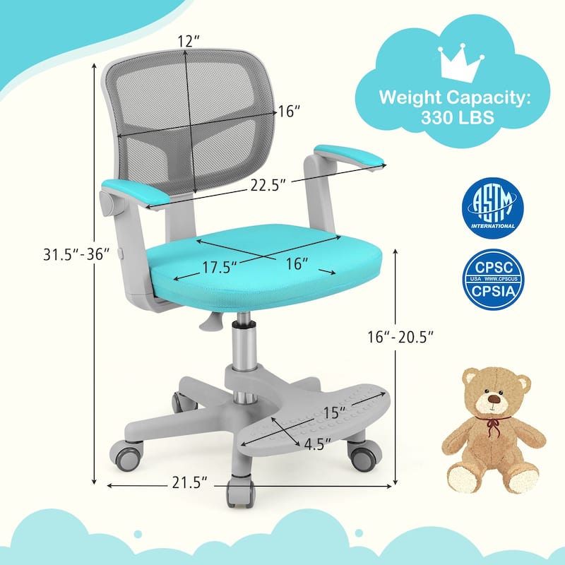 Height Adjustable Children Desk Chair with Swivel Base and Lumbar Support Smooth Wheels - 22.5" x 21.5" x 31.5"-36"