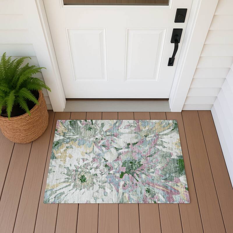 Machine Washable Indoor/ Outdoor Abstract Floral Chantille Rug - Sage - 1'8" x 2'6"