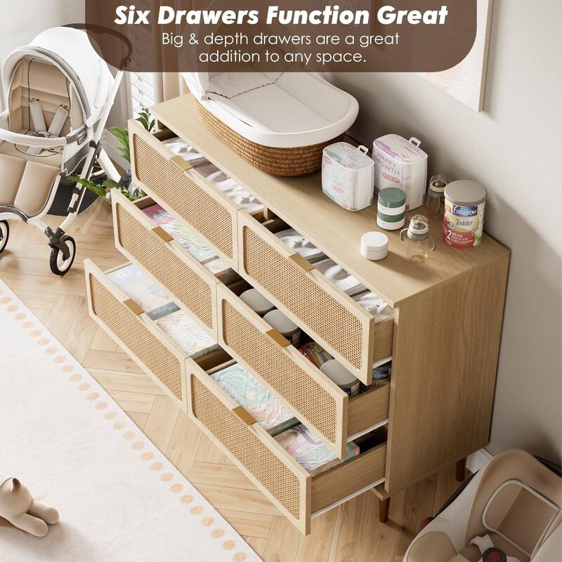 5/6 Drawer Rattan Dresser for Bedroom, Large Freestanding Wooden Chest Storage