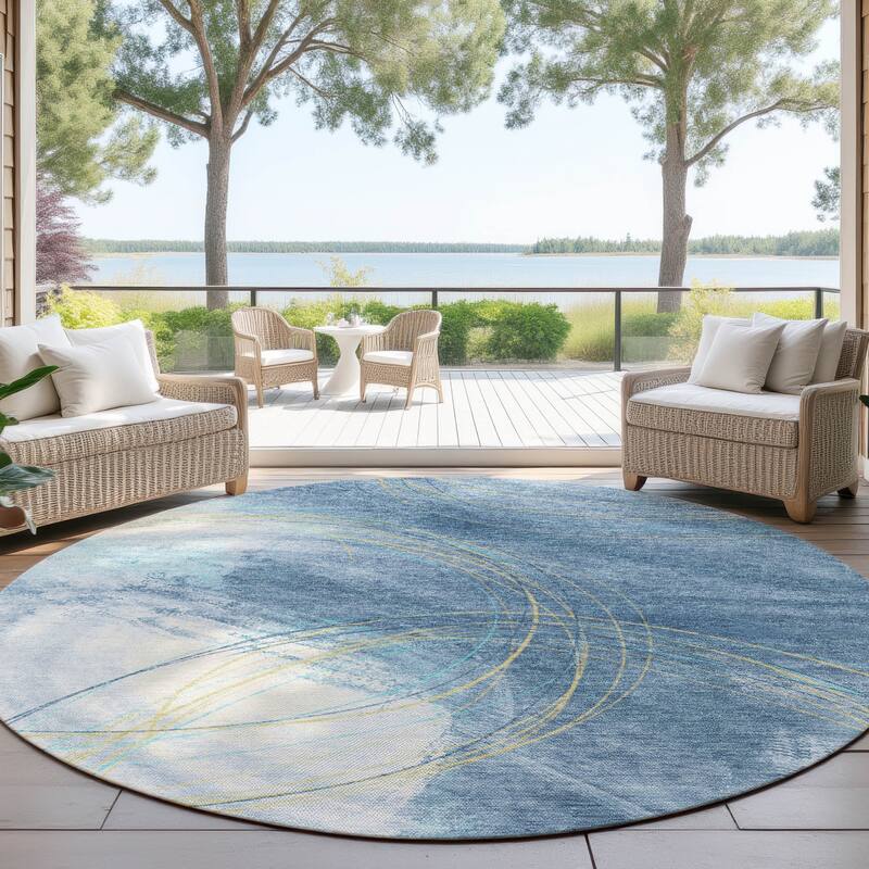 Machine Washable Indoor/ Outdoor Abstract Modern Chantille Rug - Sky - 8' x 8'