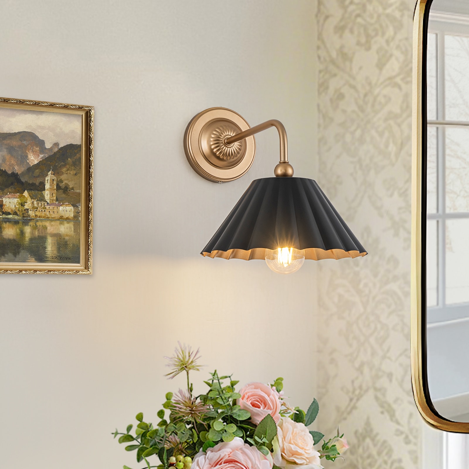 1-Light Classical Wall Sconce Matte Black/Gold Transitional Indoor Wall Lamp - 9.84"