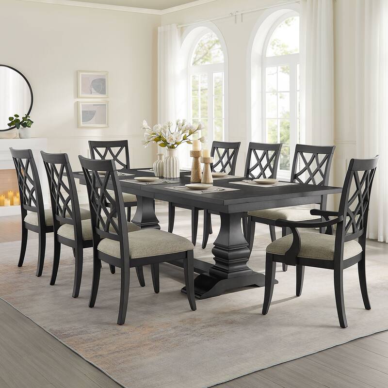 7 Pcs Wooden Furniture Set, Dining Table Set for 6, Rectangular Extendable Kitchen Table and 6 Upholstered Dining Chairs