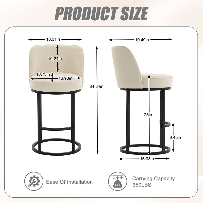 Counter Height Bar Stools Set of 2, Modern Barrel Counter Stools with Backrest, Linen Fabric Upholstered Accent Bar Stools