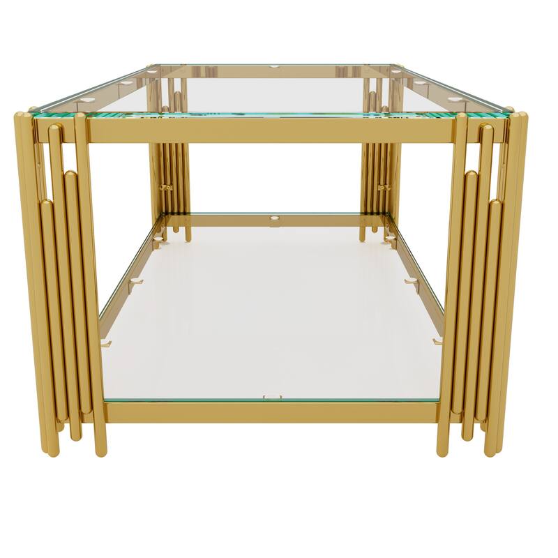 Glass Coffee Table Set of 3, Includes 1 Coffee Table & 2 End Tables, Luxury Living Room Table Set with Glass Top and Lower Shelf