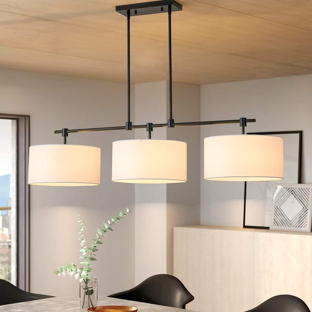 3-Light Modern Linear Drum Fabric Pendant/Kitchen Island Lights for Dining Room