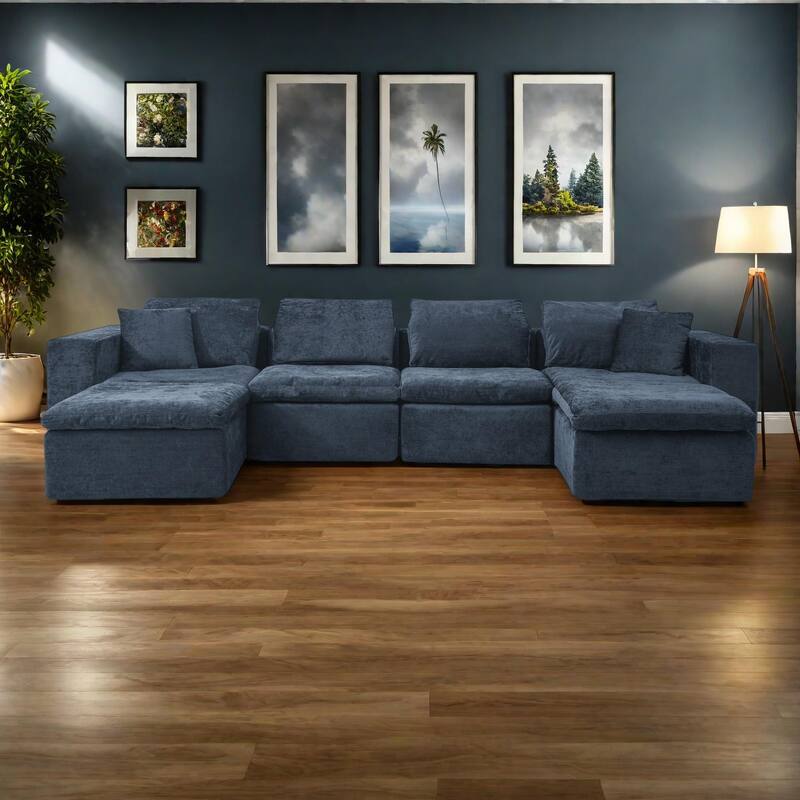 143" Chenille U-Shaped Modular Sectional Sofa with Comfy Chaise, Deep-Seat Design, No Assembly Required - Blue