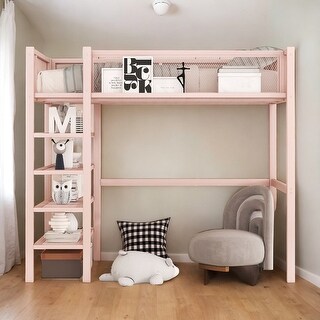 Modern Style Twin Size Metal Loft Bed with 4-Tier Shelves and Storage, Creative Structure, Storage Space, Good Stability, Pink