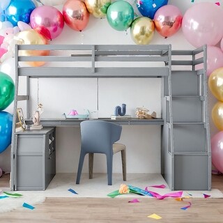 Twin Size Loft Bed with Desk,7 Drawers,2 Shelves and Pinewood Frame