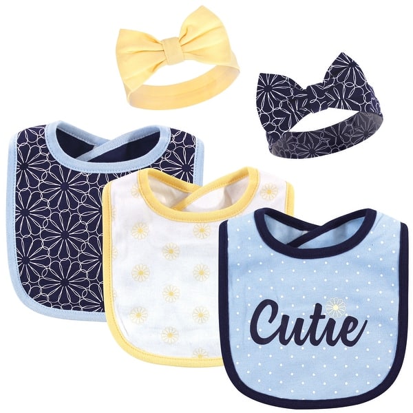 slide 1 of 1, Hudson Baby Infant Girl Cotton Bib and Headband Set 5pk, Blue Daisy, One Size - Blue Daisy - One Size One Size - Blue Daisy