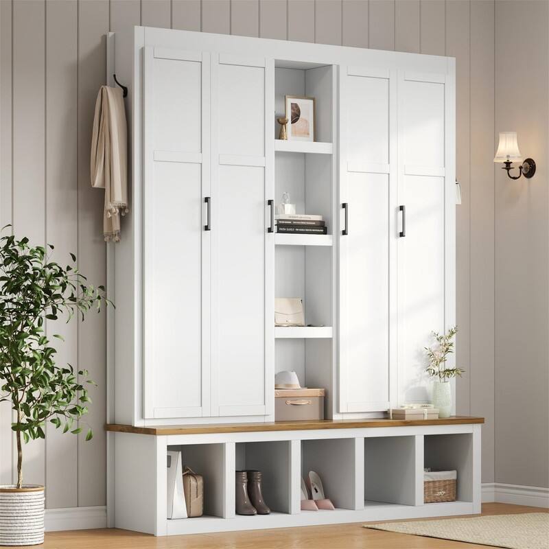 Farmhouse 4-in-1 Hall Tree with Open Display Shelves, Mudroom Shoe Bench with Open Compartments, Entryway Coat Rack with 6 Hooks - White