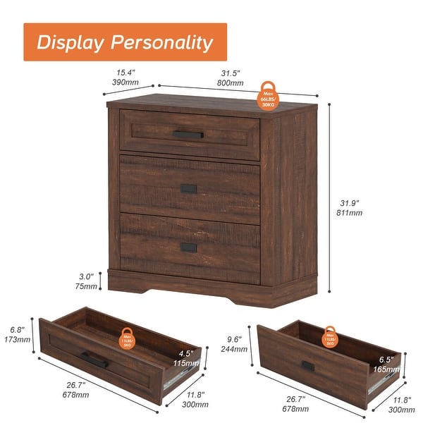 dimension image slide 9 of 12, WAMPAT Mid Century Modern Dresser, 31.9" Tall Storage Cabinet with Drawers