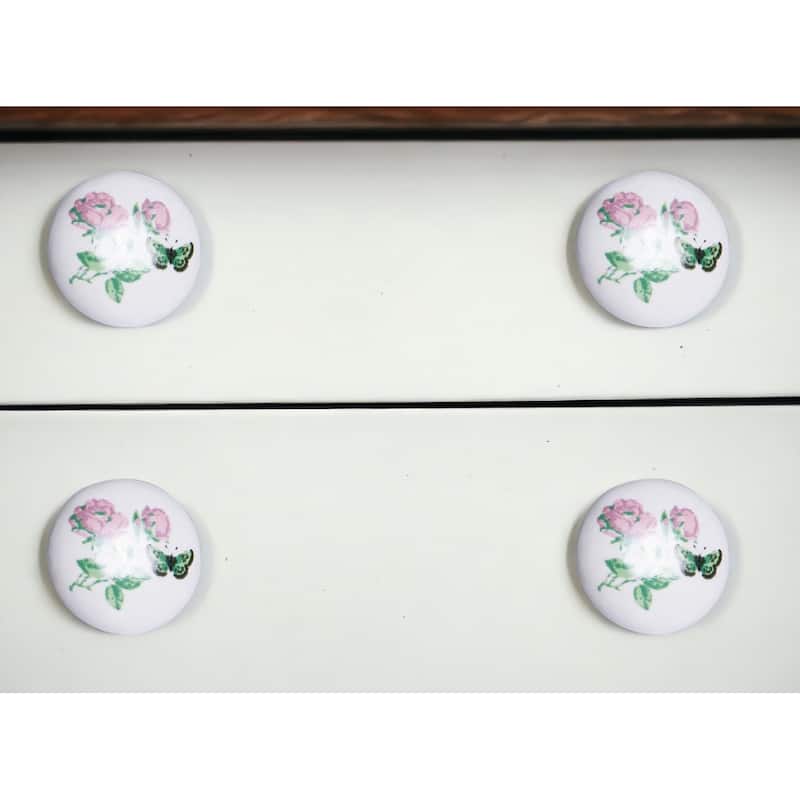 HomeRoots Set of Twelve Pink White And Green Floral Ceramic Drawer Pull Knobs - 1.5" x 1.5" x 1.5"