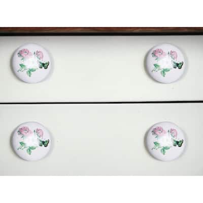 HomeRoots Set of Twelve Pink White And Green Floral Ceramic Drawer Pull Knobs - 1.5" x 1.5" x 1.5"