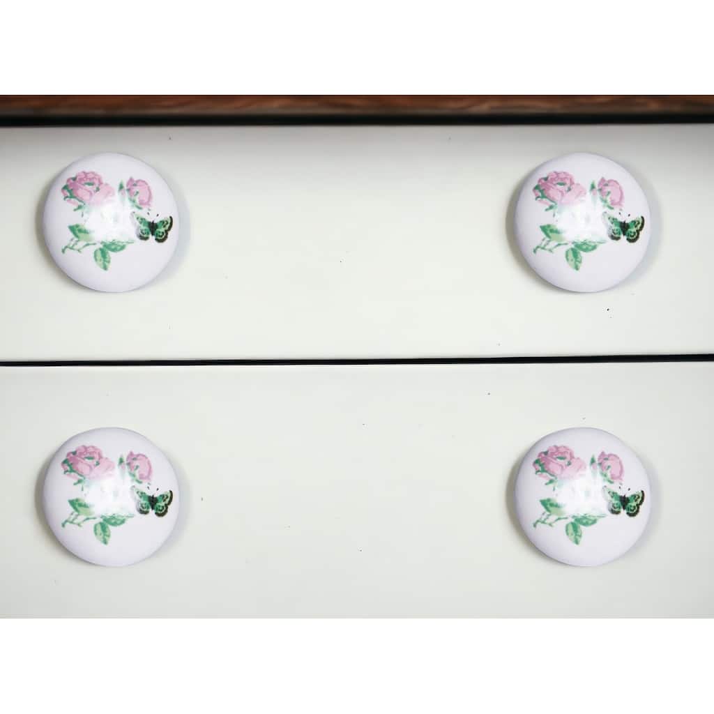 HomeRoots Set of Twelve Pink White And Green Floral Ceramic Drawer Pull Knobs - 1.5" x 1.5" x 1.5"