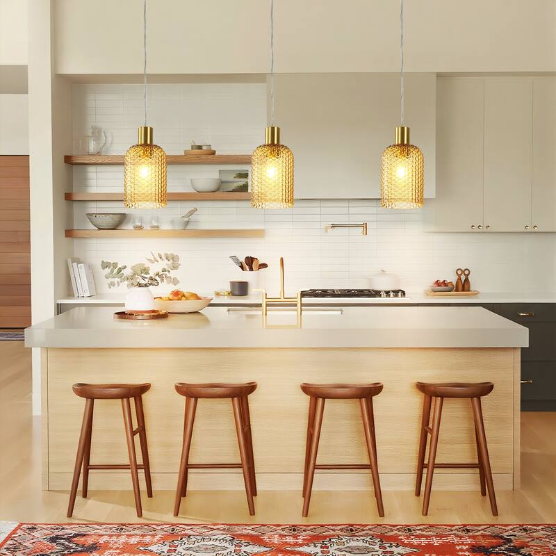 1/3-Light Modern Glam Bell-Shaped Adjustable Island Pendant Light with Clear/Blue/Amber Textured Glass