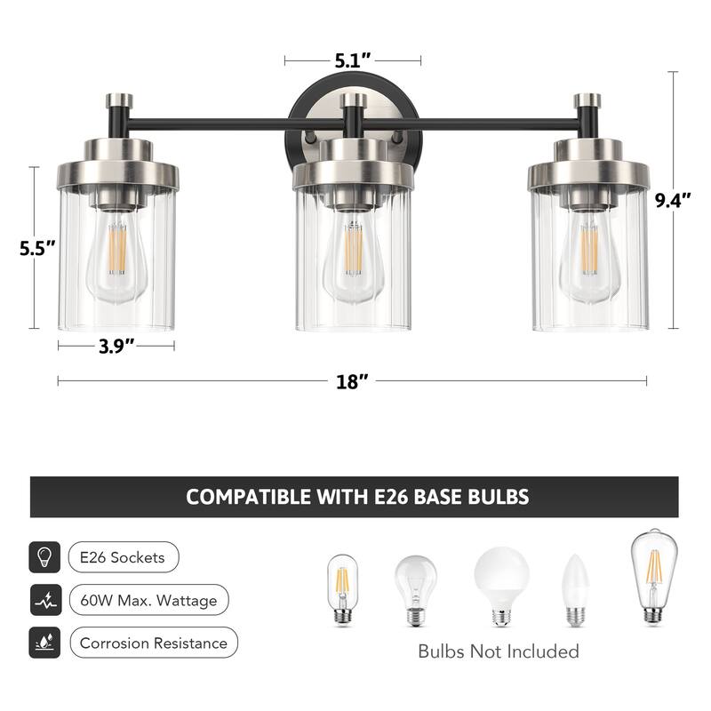 Modern Dimmable Vanity Light with Clear Ribbed Glass Shades E26 Sockets