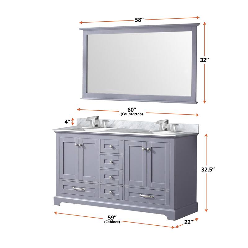Dukes 60 in. W x 22 in. D Navy Blue Double Bath Vanity, Carrara Marble Top, Faucet Set, and 58 in. Mirror
