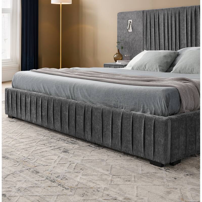 Rossetta Pleated Design Queen Size Upholstered Bed Frame with Headboard, No Box Spring Needed