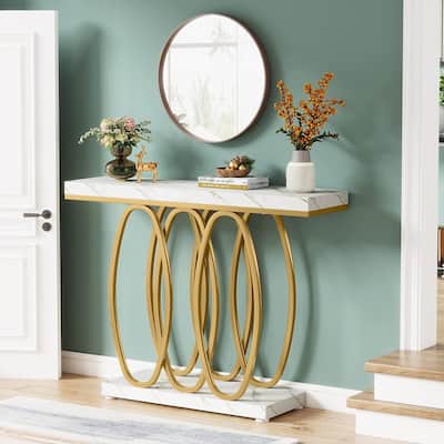 39.4 Inch Faux Marble Console Table, Sofa Table with Gold Metal Legs for Living Room Entryway Hallway