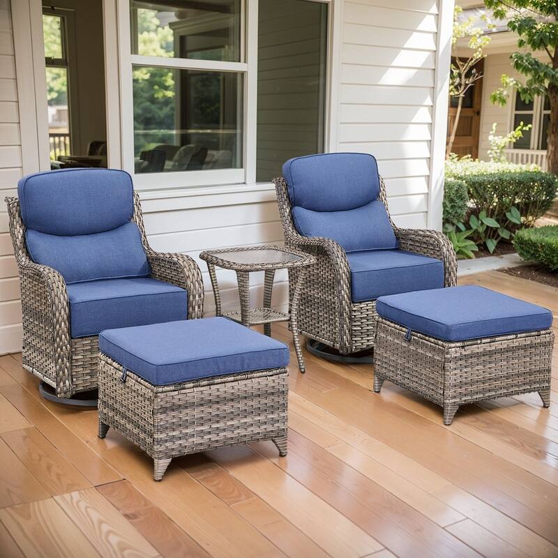 Arcadia 5-Piece Wicker Patio Swivel Glider Set with 6-Inch Thick Cushions - Navy Blue Cushions - Gray Wicker