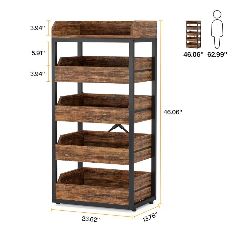 5-Tier Freestanding Wood Fruit Basket Stand, Vegetable and Fruit Storage Retail Display Rack Stand