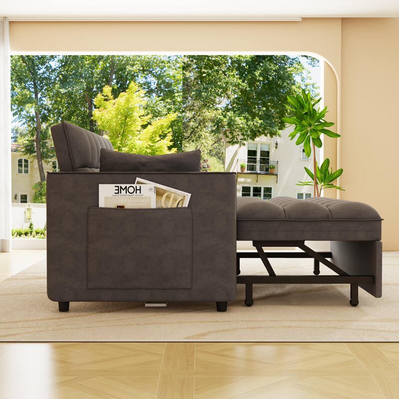 Anmytek Modern Velvet Small Loveseat Pull Out Sleeper Sofa Bed with Pillows and Side Pockets