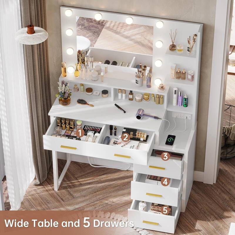 Makeup Vanity Desk 10 Light Bulbs Storage Shelves 5 Drawers