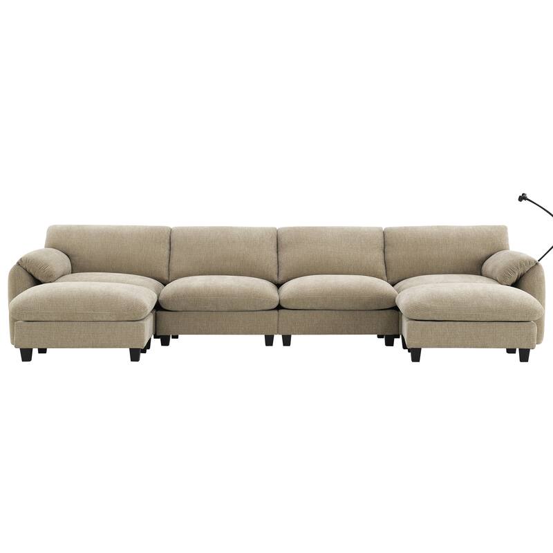 Striped Chenille Modular Sectional Sofa Set with Movable Ottoman, Phone Holder, Dual-Port Charging, 2 Side Storage Pockets