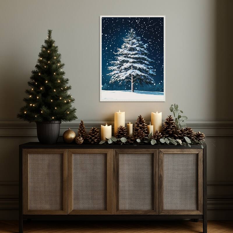 Winter Snowy Pine Tree by Pictufy Studio Framed Canvas Wall Art Print - Sylvie Beaded White