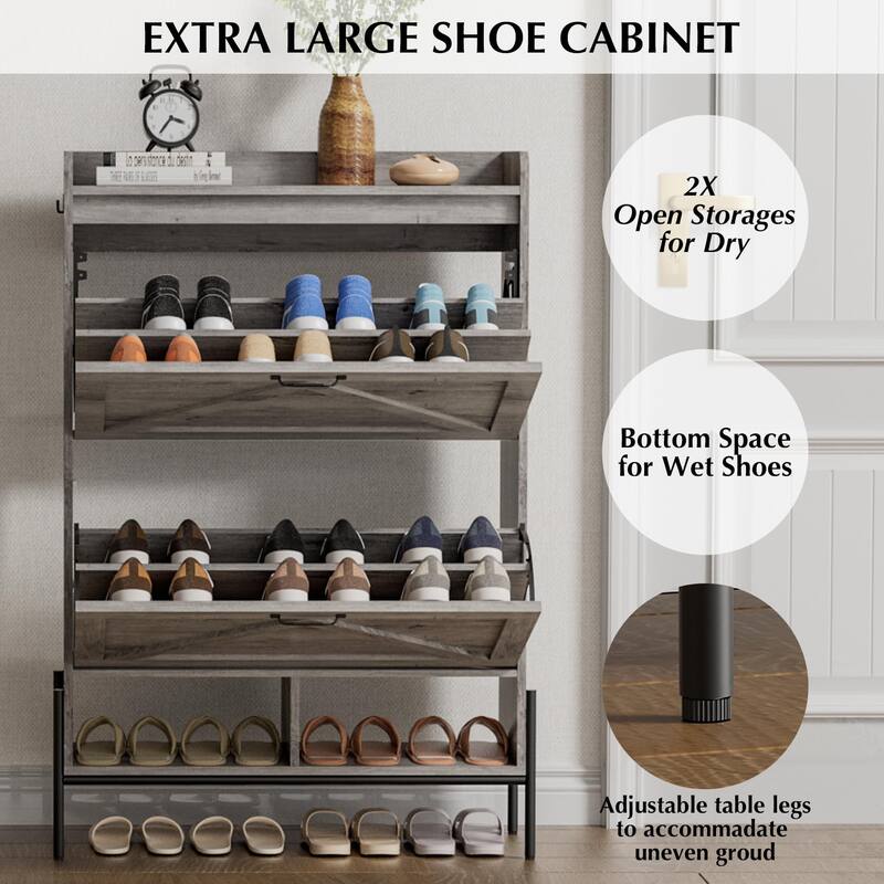 Shoe Cabinet with 2 Flip-Up Drawers, Hidden Shoe Storage Cabinet with Open Storage for Entryway, Hallway, Bedroom
