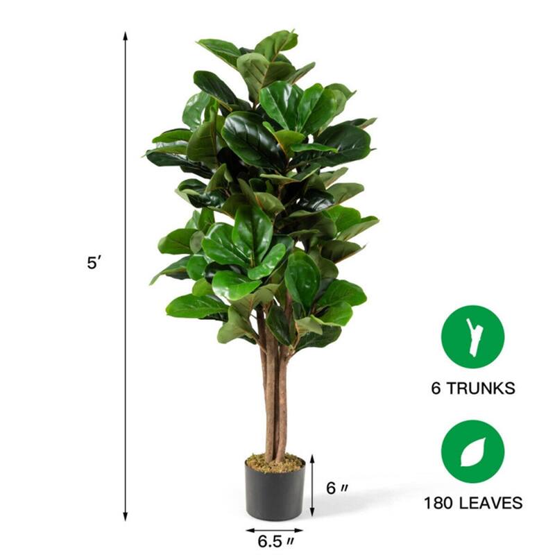 Artificial Fiddle Leaf Fig Tree 5 Feet Lifelike Indoor and Outdoor Plant with Moss Filled Pot - 6" x 5"