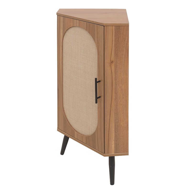 Roomfitters Corner Cabinet with Rattan Door, Freestanding Storage Shelf Stand for Small Spaces