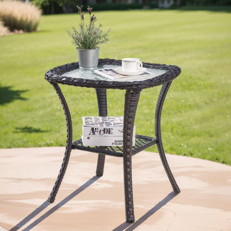 Patio Rattan Wicker Coffee Table with Tempered Glass Top