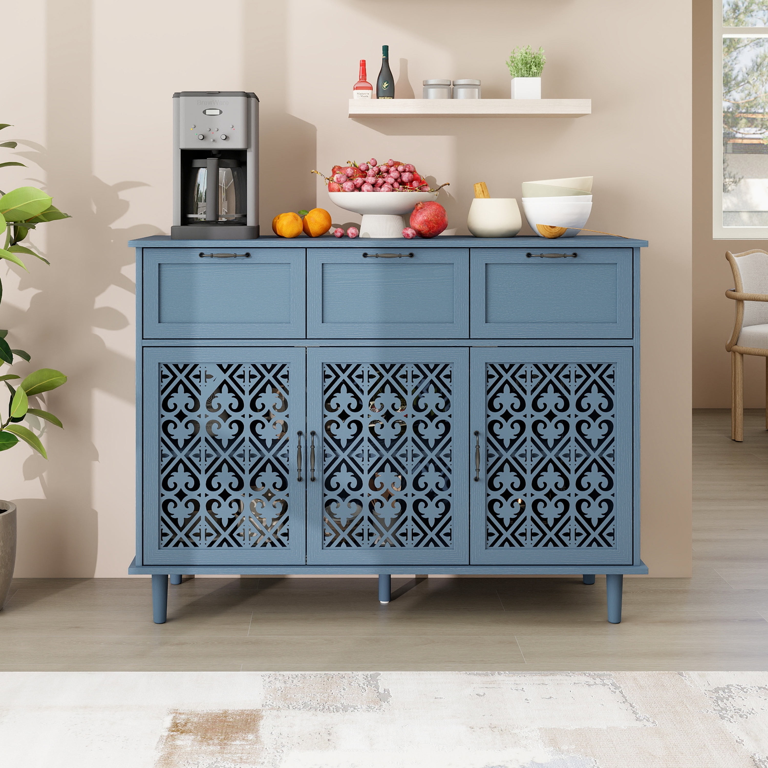 Storage Cabinet Particle Board and MDF with 3 Doors, 3 Drawers, Adjustable Shelf and Carved Panels by GDFStudio
