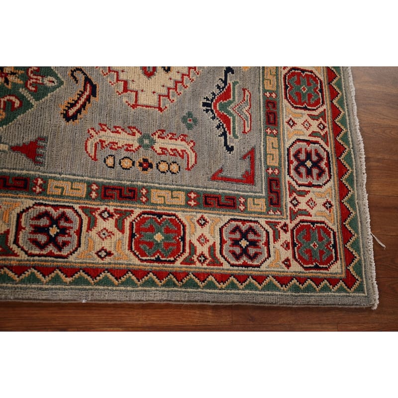 Geometric Grey Kazak Area Rug Hand-Knotted Oriental Wool Carpet - 4'0" x 6'2"