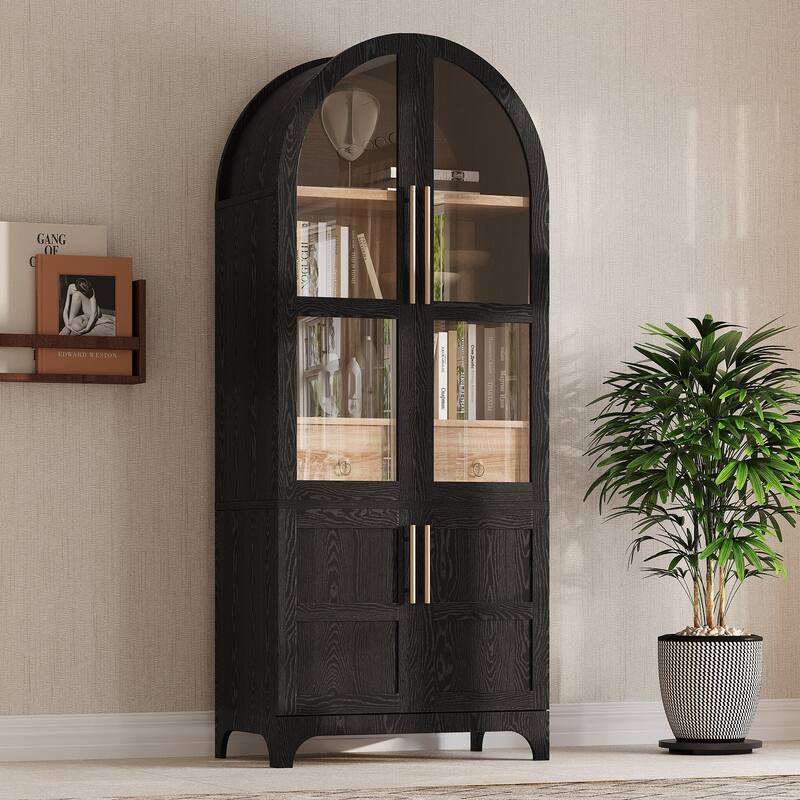 71" Tall Arched Kitchen Pantry Cabinet with Door Shelves,Hidden Drawer & Glass Door - N/A