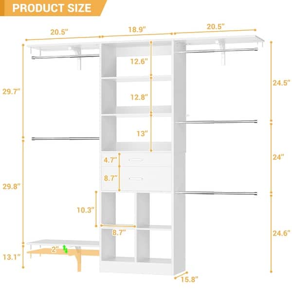 dimension image slide 3 of 6, Closet Organizer with Wooden Drawers & Cube, 5FT Adjustable Closet System for Nursery & Kid's Room