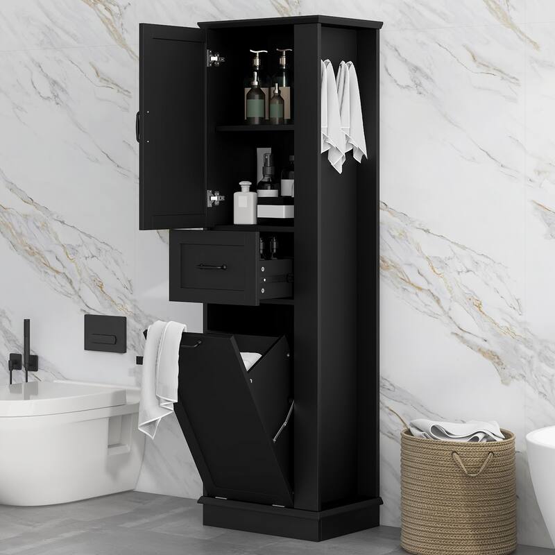 Modern Tall Storage Cabinet - Tilt-Out Compartment, Adjustable Shelves, 80LBS Capacity, Soft-Close Hinges