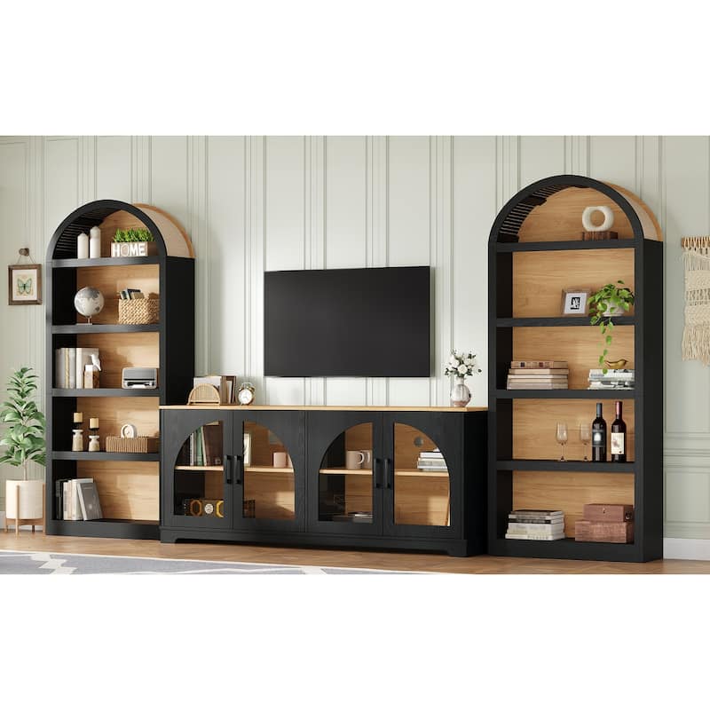 3-Piece Entertainment Center with Bookshelves for TVs up to 70", Retro Wall Unit TV Stand with Glass Doors, Media Console Table