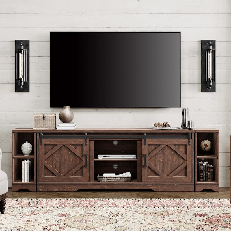 Farmhouse TV Stand Modern Sliding Barn Door Entertainment Center - Dark Brown - 85.8"