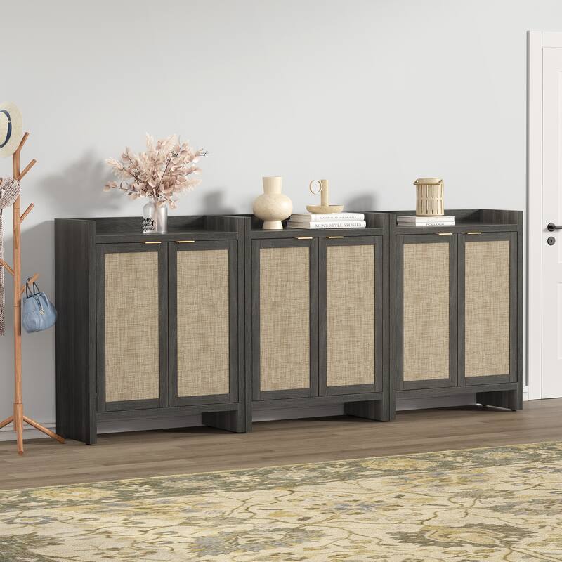 Set of 2 Modern Natural Rattan Shoe Cabinets - 41 x 32.4 x 14.8