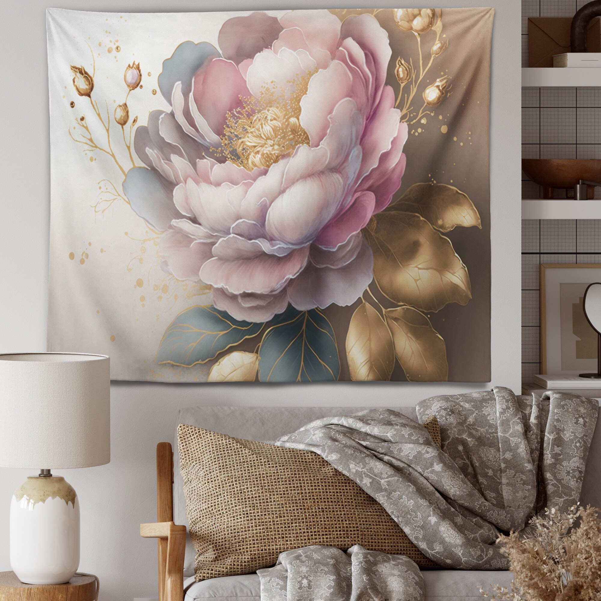 Designart Pink And Gold Camellia Flower II Floral Camellia Wall