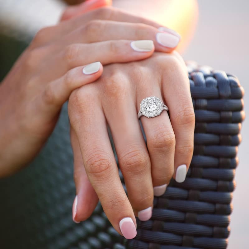 Miadora 3ct TDW Cushion and Round-Cut Diamond Cluster Halo Splitshank Ring in 14k White Gold