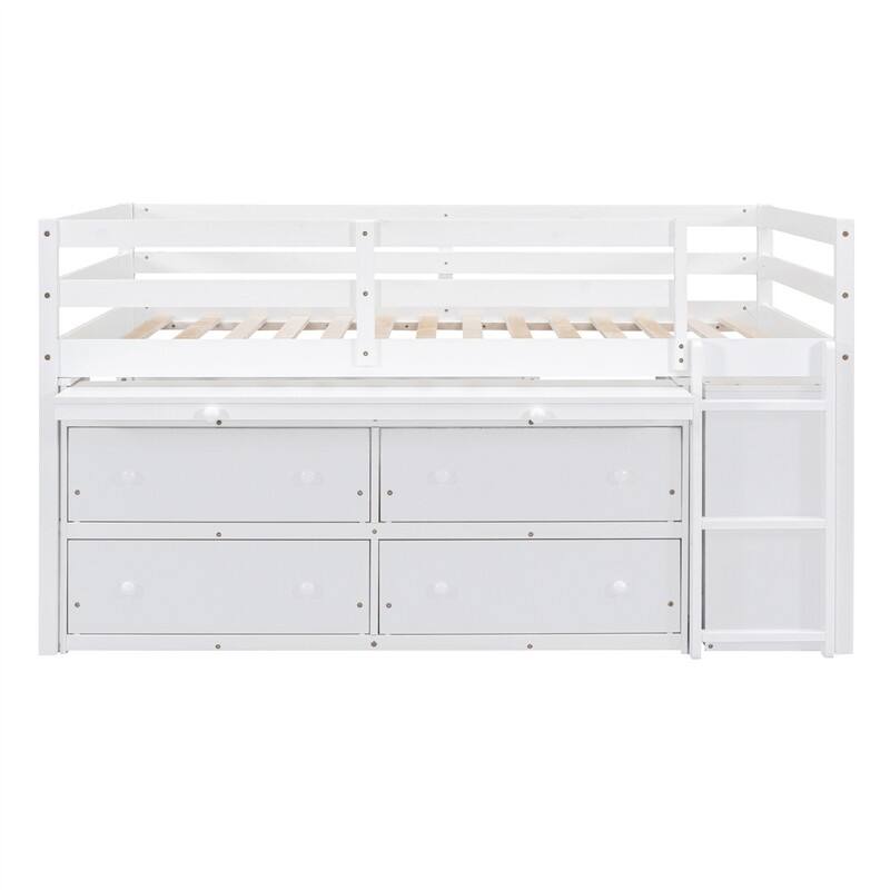 Twin/Full Size Low Loft Bed with Retractable Writing Desk and 4 Drawers, Wooden Loft Bedframe w/ Lateral Portable Desk & Shelves