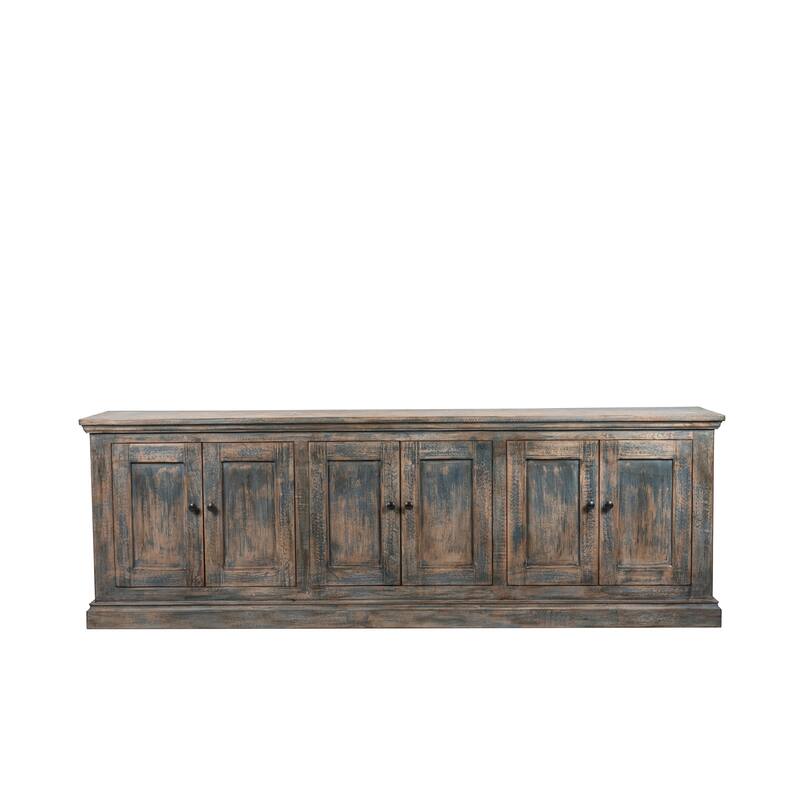 Miy Sideboard Buffet Cabinet, 6 Door, Antique Blue Pine Wood 106 Inch