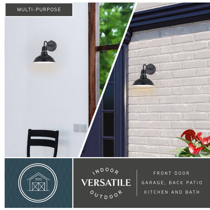 Buena Park Metal 1 Light Dusk to Dawn Black Outdoor Dome Barn Wall Lantern - 9-in W x 10-in H x 11.25-in D