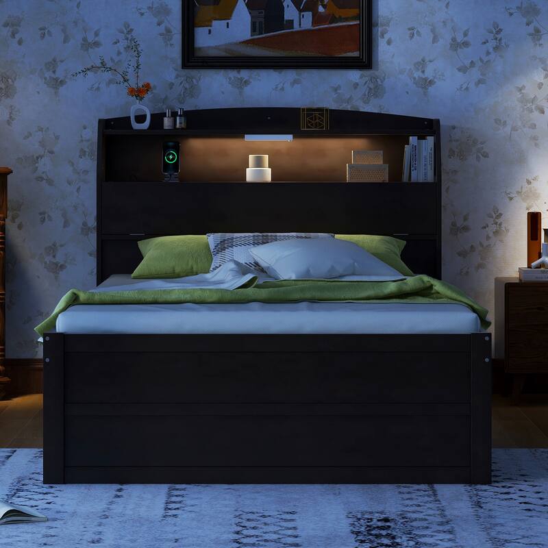 Wooden LED Bed with Trundle and Storage Headboard